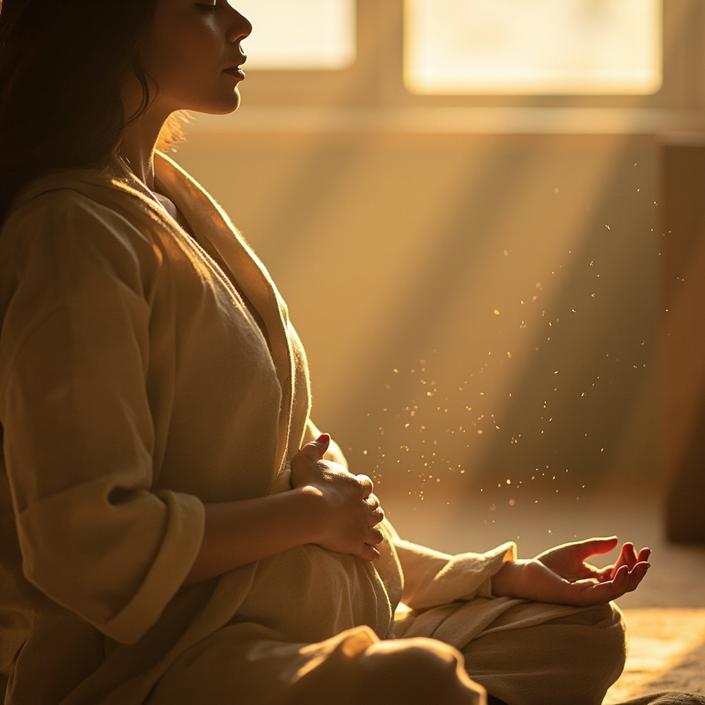 A soft, calming photograph of a person sitting in a quiet, sunlit room with their hands resting gently on their belly, representing peace, mindfulness, and internal balance.