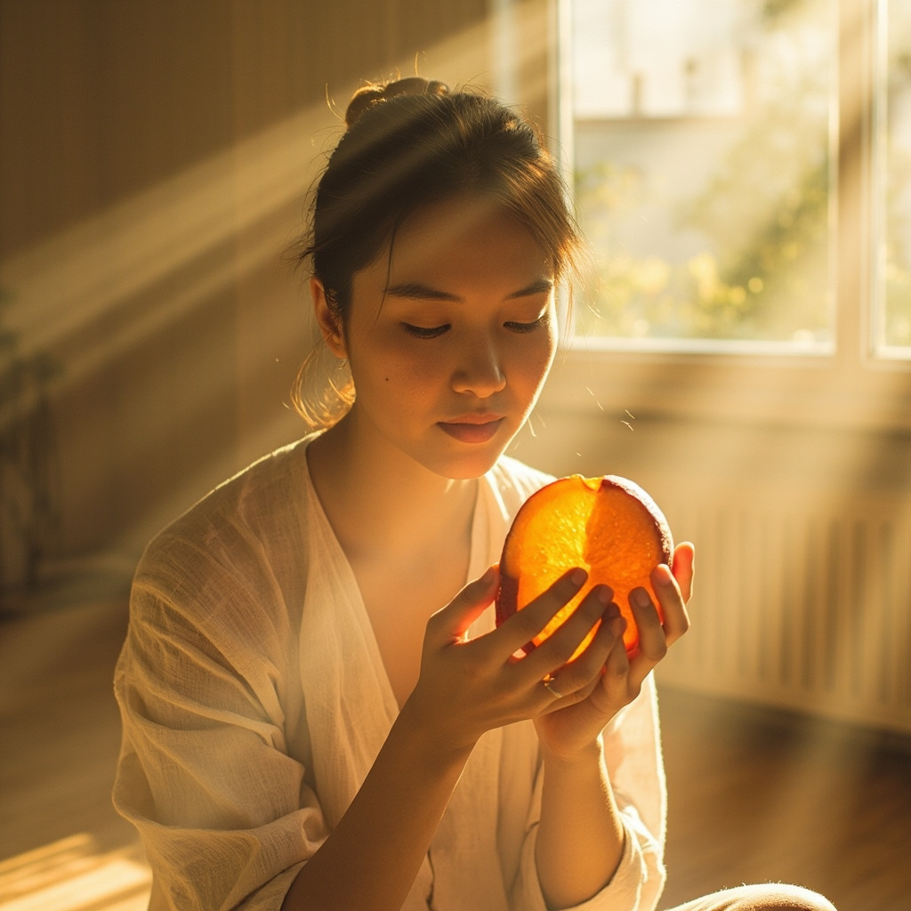 A serene, minimalist image of a person sitting in a quiet, sunlit room, focusing on a piece of fresh fruit, representing mindful, sensory-based nourishment and internal balance.