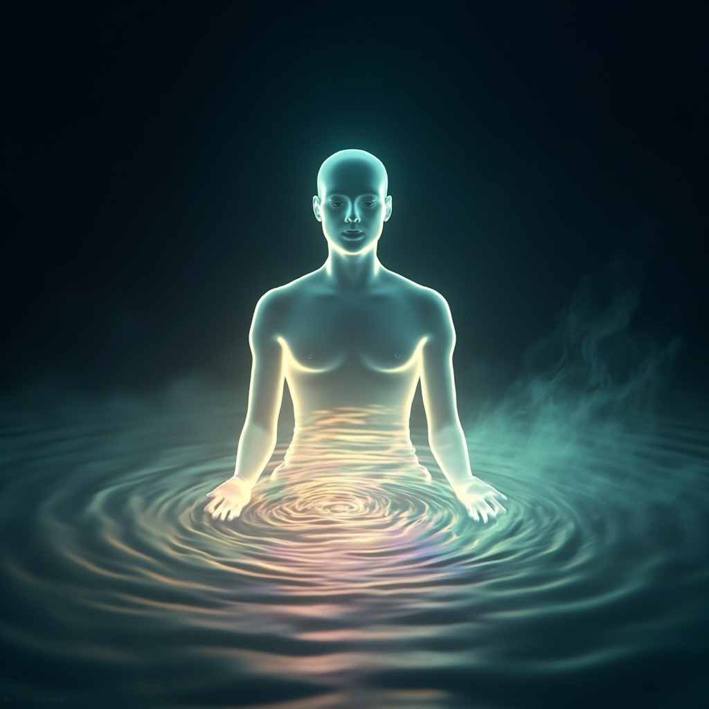 A serene, abstract digital art piece showing soft, flowing waves of light moving through a human silhouette, representing internal harmony and balance.