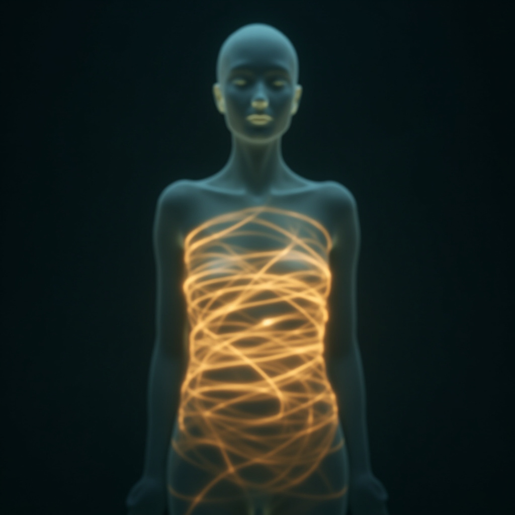 A serene, abstract digital art piece showing soft, glowing waves of light moving through a calm human silhouette, representing internal harmony and digestive peace.