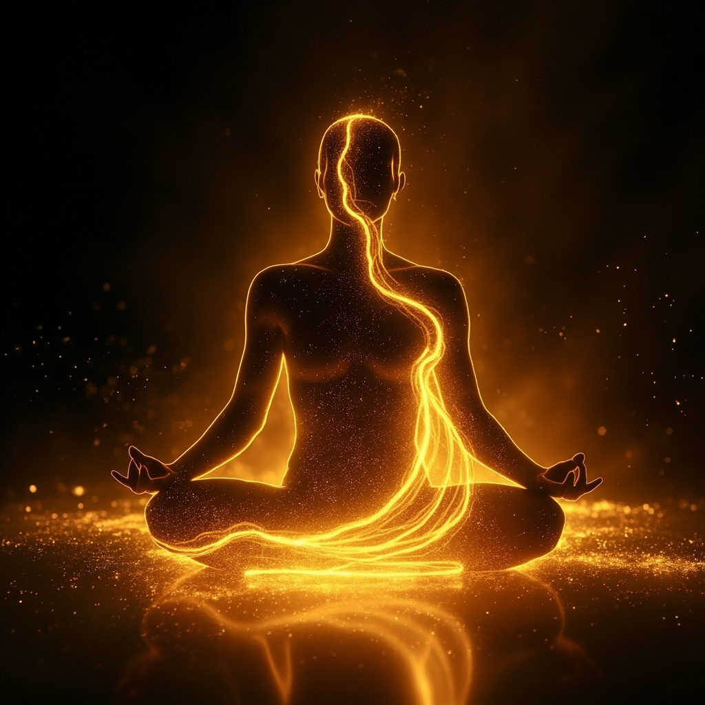 A serene, abstract digital art piece representing a smooth, flowing golden river of light moving through a human silhouette, symbolizing internal harmony and balance.