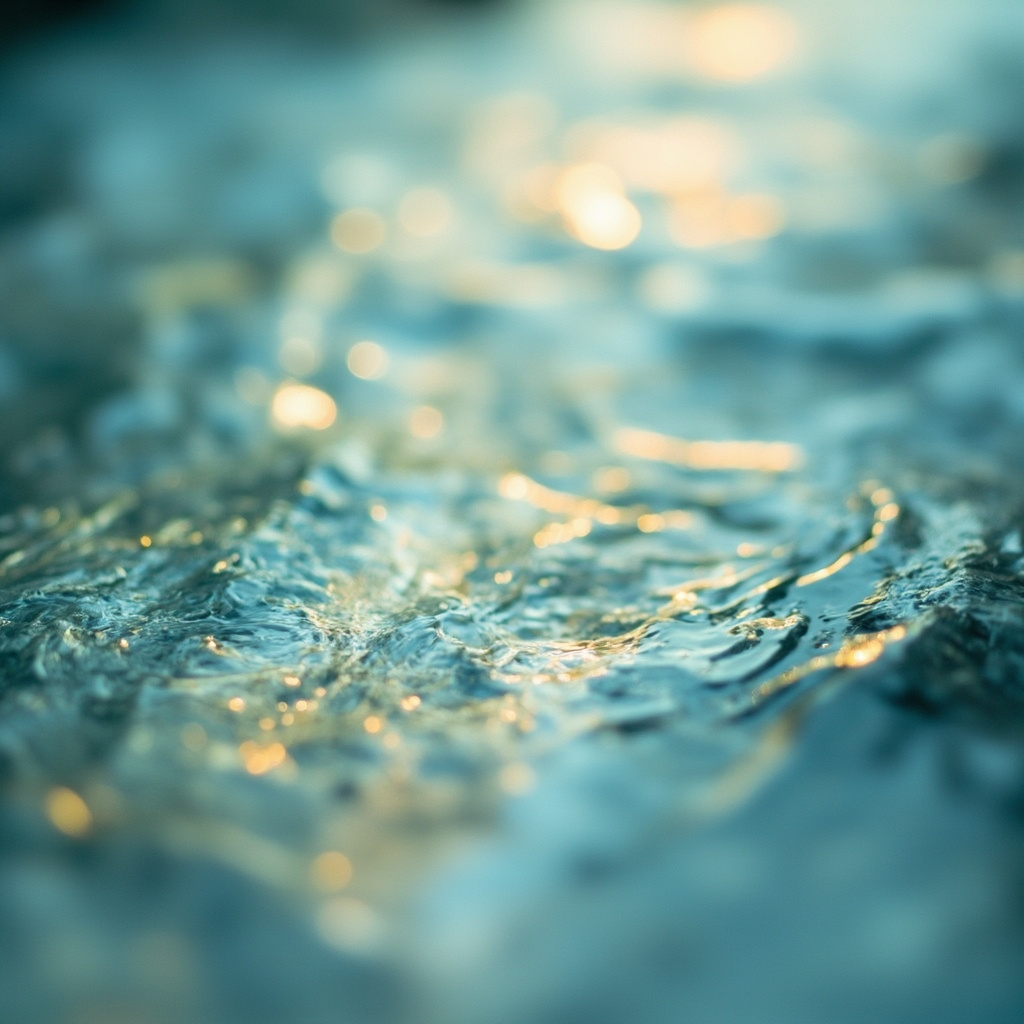 A high-quality, calming image of flowing water in a stream transitioning into soft, abstract light patterns, representing internal harmony and balance.