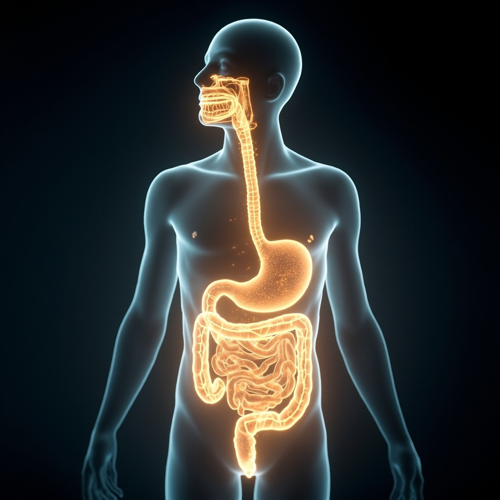 A serene, abstract visualization of a glowing human digestive system connecting to the mouth with soft light waves representing frequency and harmony.