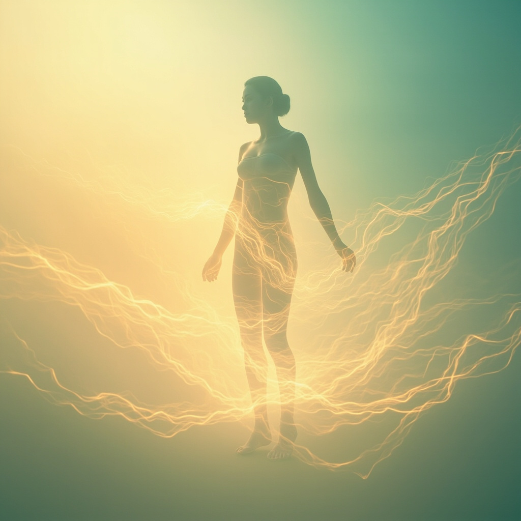 A serene, abstract visualization of soft light waves harmonizing with human silhouette, representing morning balance and electrical flow.