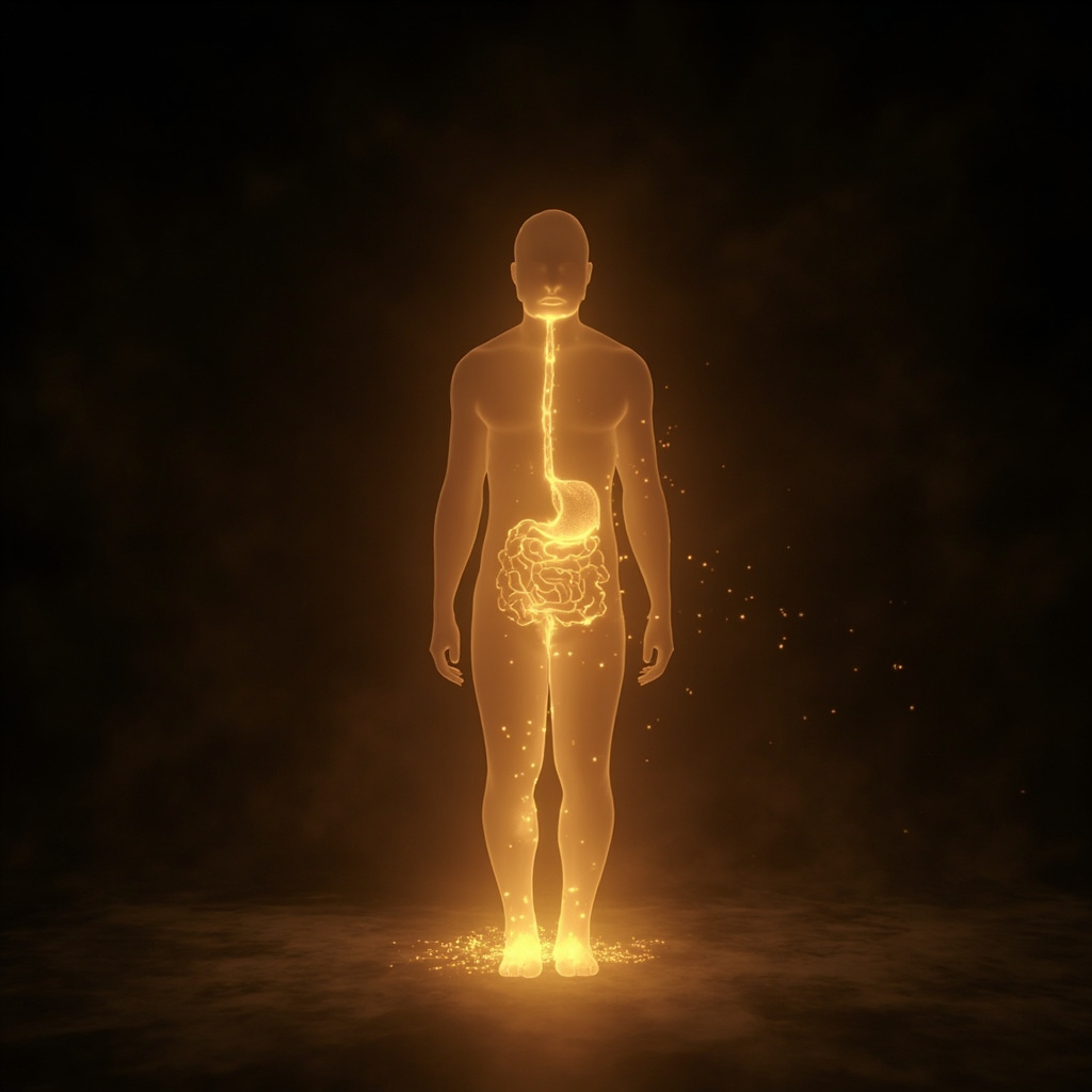 A serene, abstract visualization of glowing golden light flowing gently through a calm, balanced human silhouette, representing digestive rhythm and inner peace.