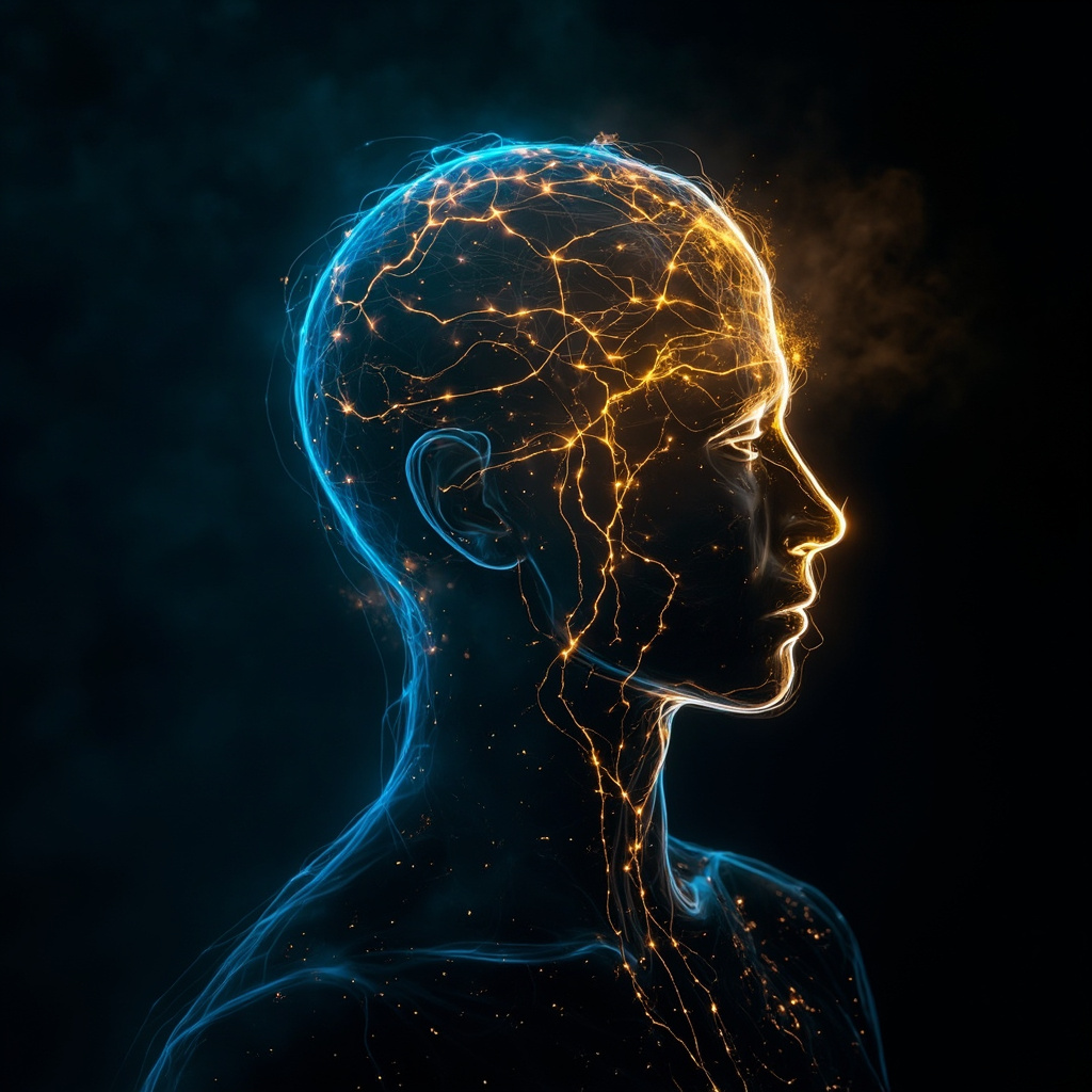 A serene, abstract visualization of glowing neural pathways and gentle, flowing electric currents moving through a human silhouette, soft blue and gold lighting.