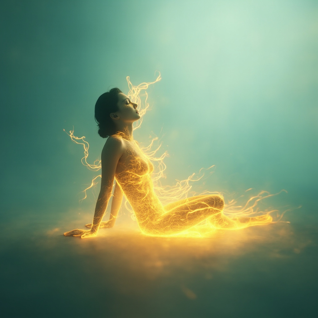 A serene, abstract visualization of a glowing, golden-light energy flow moving through a relaxed human silhouette, set against a calming, soft teal background.