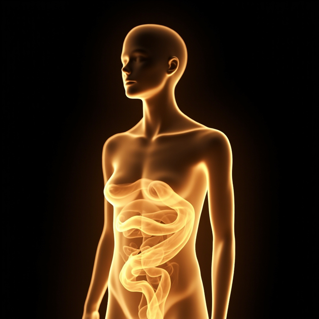 A serene, abstract visualization of glowing, soft golden rhythmic waves flowing through a human silhouette, symbolizing inner peace and digestive harmony.