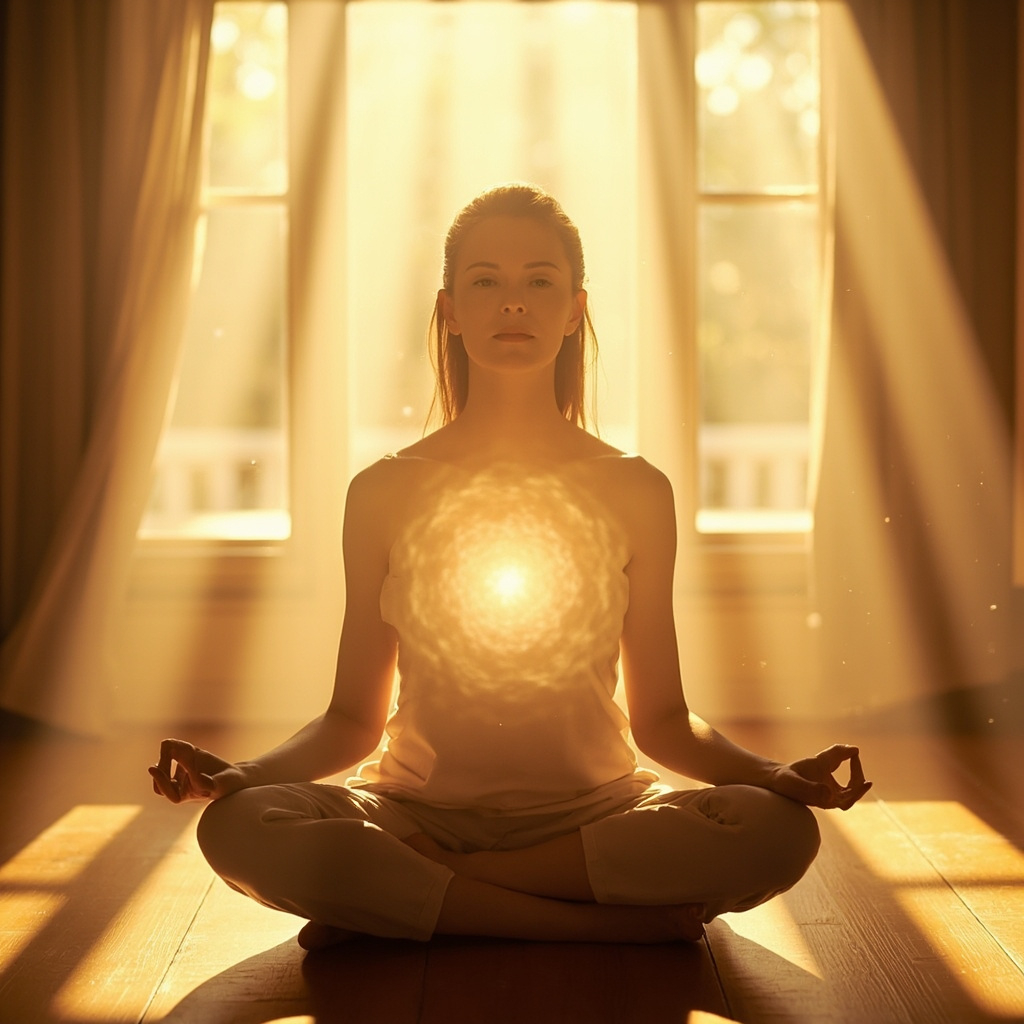 A soft-focus, serene image of a person sitting in a quiet, sunlit room, with subtle golden light waves emanating from their chest area to represent harmony and nervous system balance.