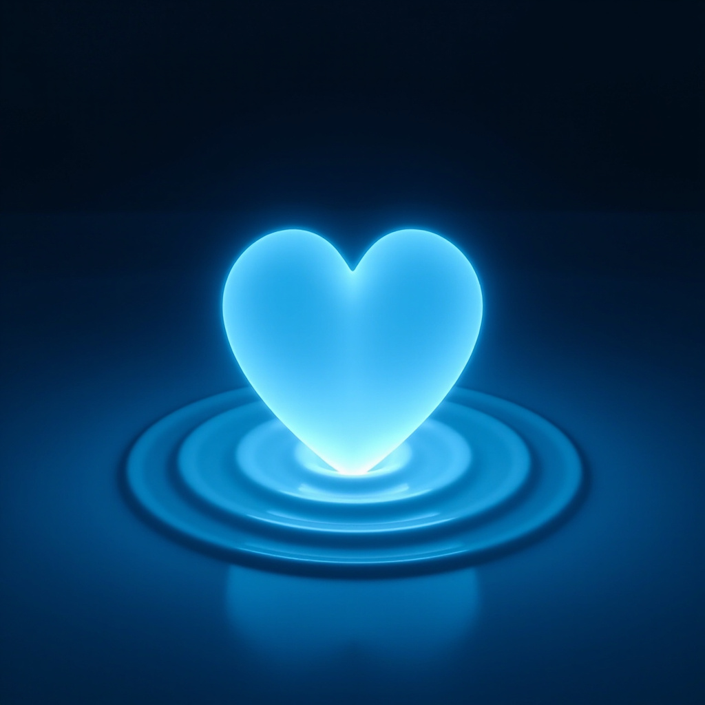 Serene glowing heart icon with soft blue sound waves and frequency patterns calming erratic heartbeats, evoking stress relief and coherence, minimalist style