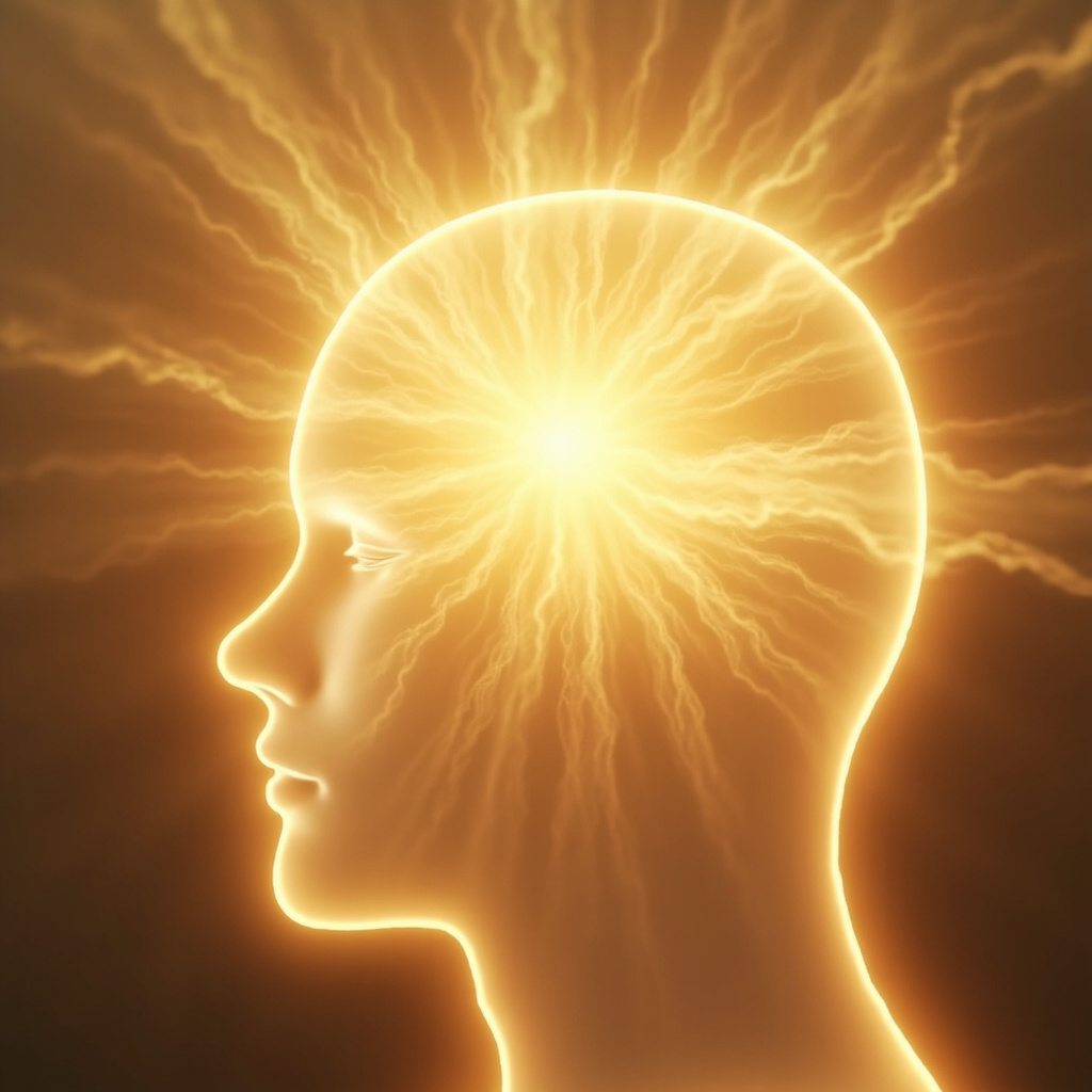 A conceptual, soft-focus illustration showing a glowing, peaceful silhouette of the human head with a golden, radiant light emanating from the center of the brain area, surrounded by soft, rhythmic wave patterns.