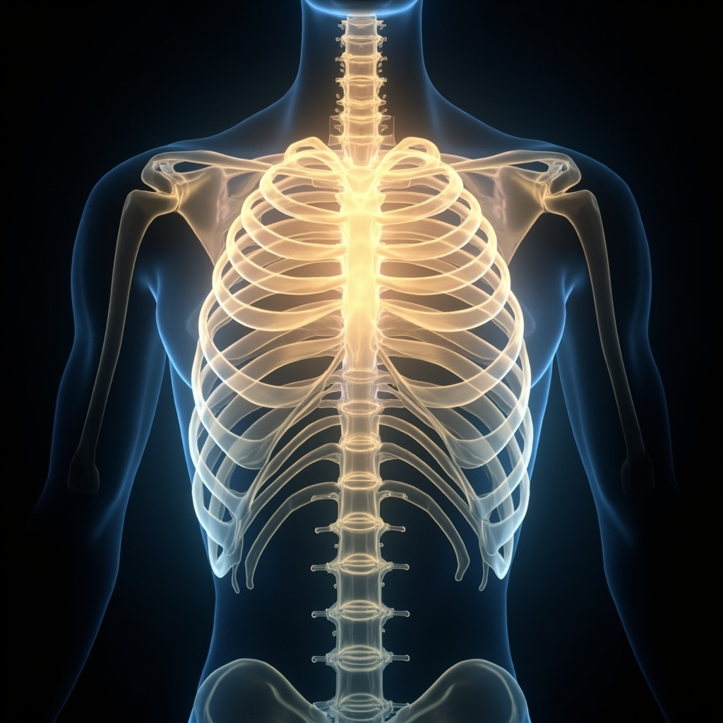A high-quality, calming anatomical illustration of the human chest area, focusing on the central thoracic cavity with soft, glowing light representing energy flow and balance.