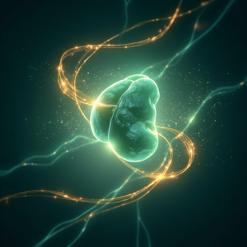 A high-quality, serene illustration of a stylized, glowing gallbladder surrounded by soft, flowing energy lines in shades of teal and gold, representing balance and vitality, clean and minimalist style.