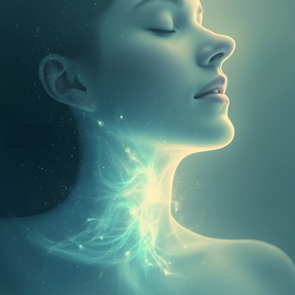 A soft, artistic illustration showing a glowing, gentle light surrounding the throat area, representing internal balance and energy flow.