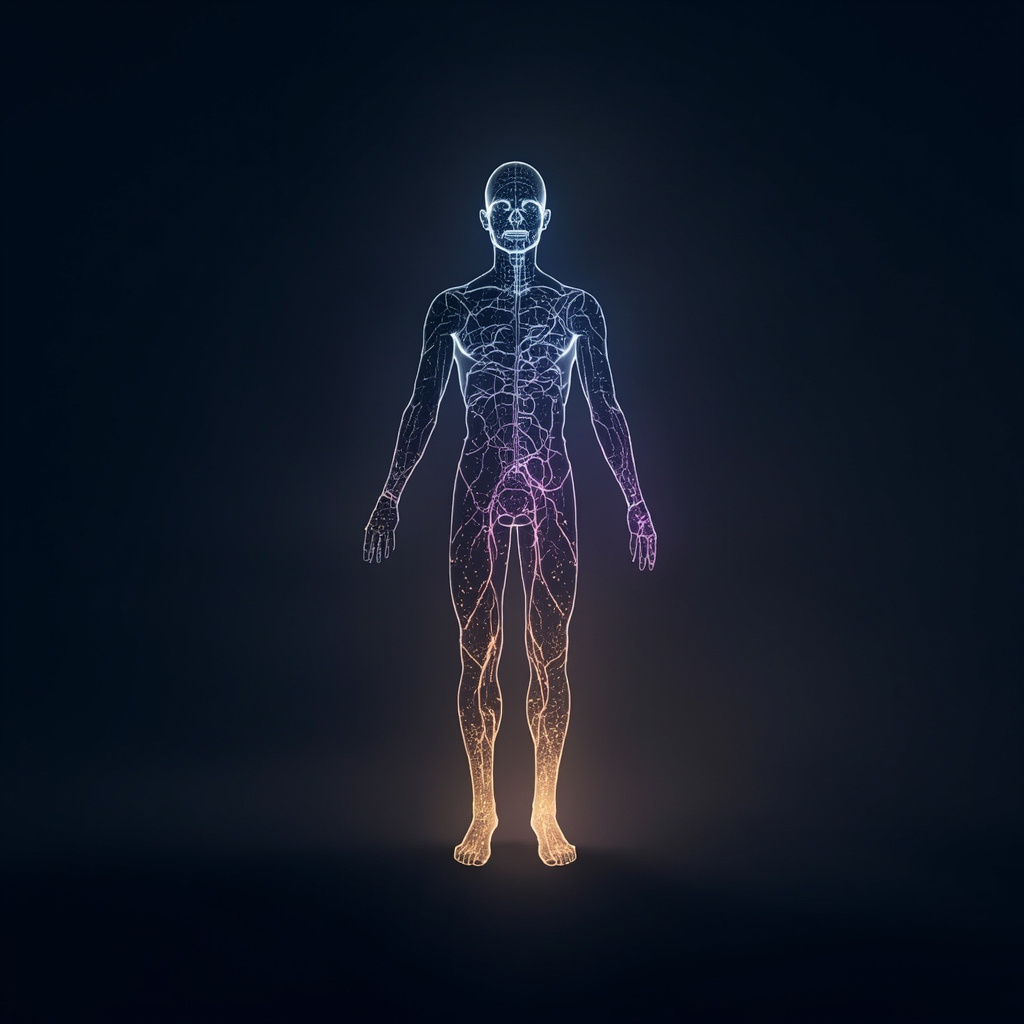 A soft-focus, artistic illustration of a glowing, interconnected network of light within the human torso, representing the harmony of the endocrine system and the subtle energy fields of the body.