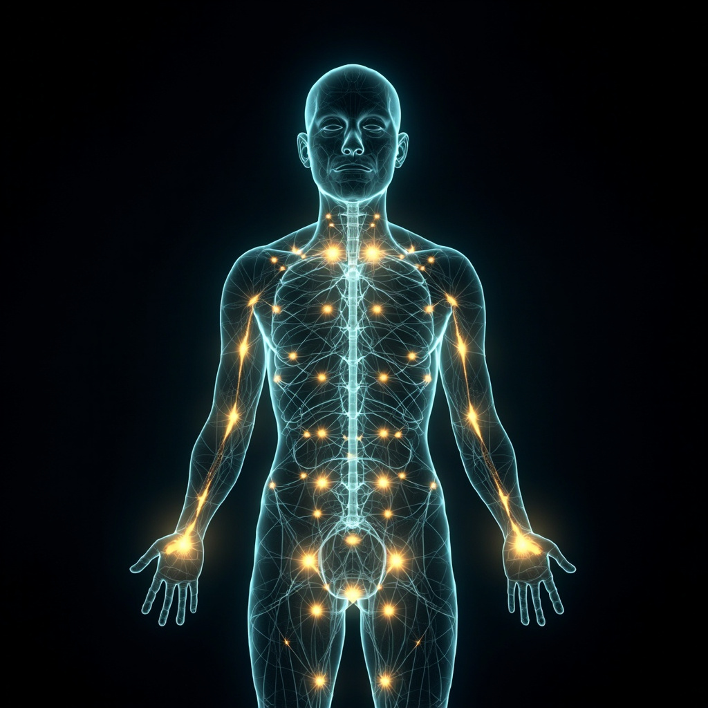 A high-quality digital illustration showing a glowing, interconnected network of light fibers weaving through a human silhouette, symbolizing the peripheral nervous system in a state of calm, balanced harmony.