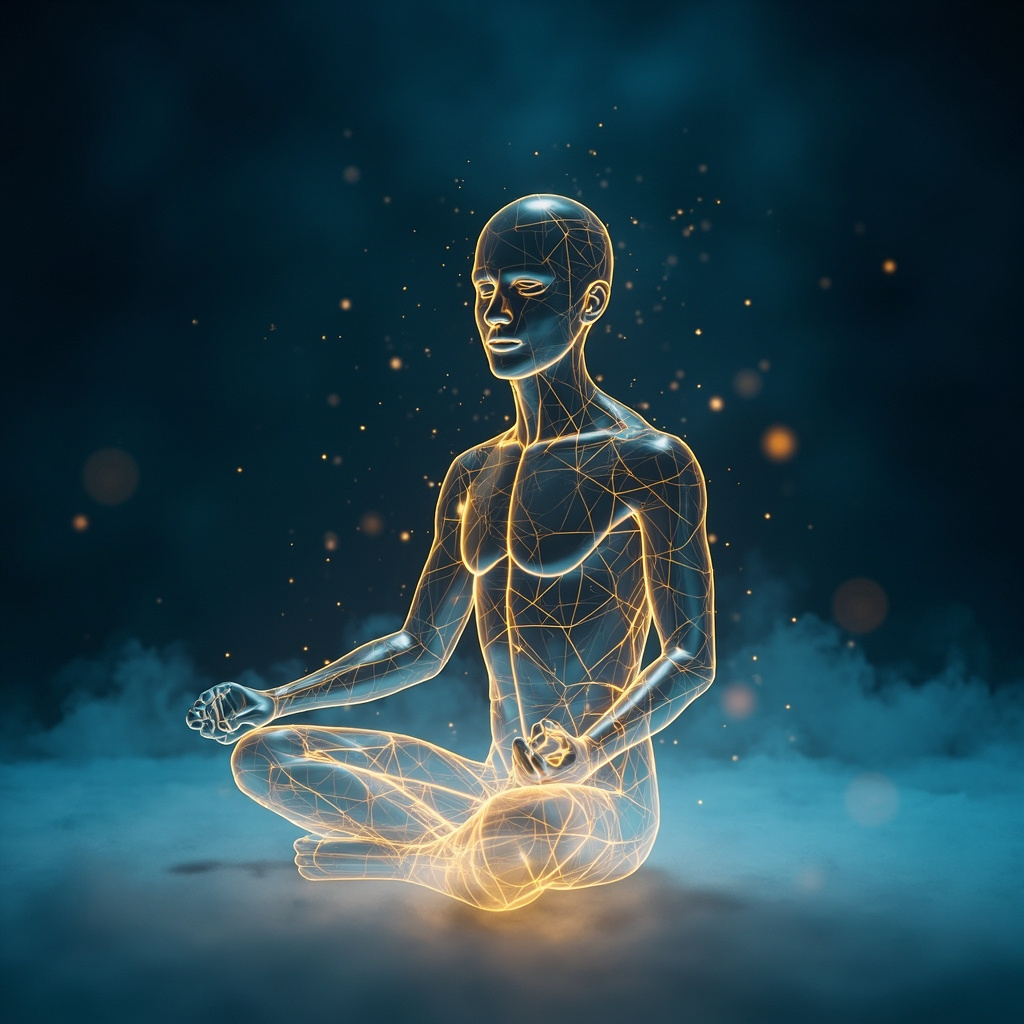 A high-quality, calm digital art piece showing a glowing human silhouette with interconnected golden light pathways, representing electrical energy flow, soft blue and gold tones.