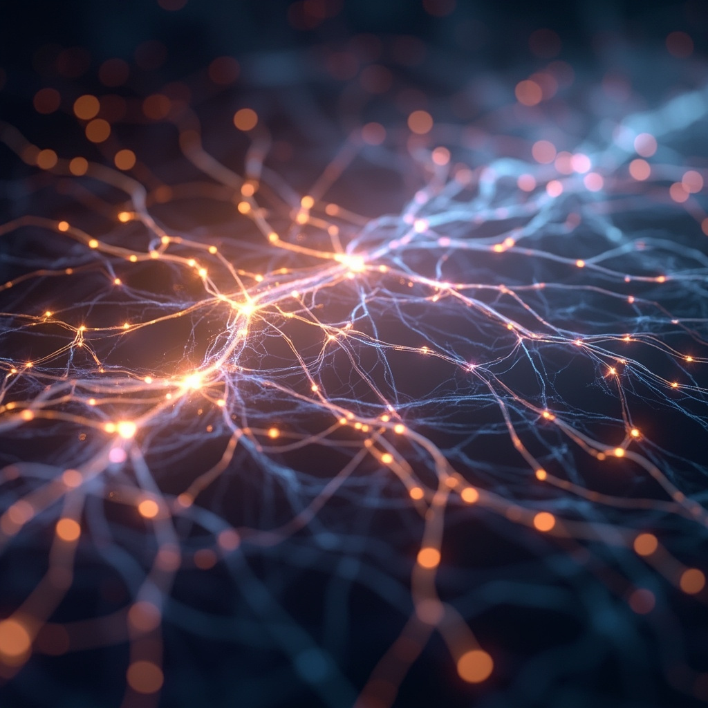 A high-quality, abstract visualization of glowing, interconnected light pathways resembling both a circulatory system and a neural network, set against a soft, calming background.