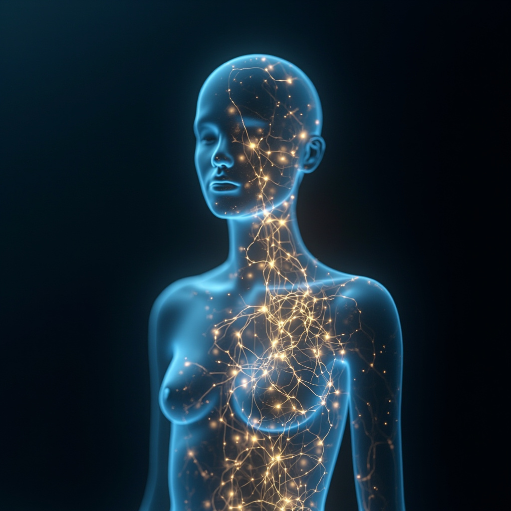 A serene, abstract visualization of glowing, interconnected electrical pathways within a human silhouette, soft blue and golden light, high resolution, calming atmosphere.