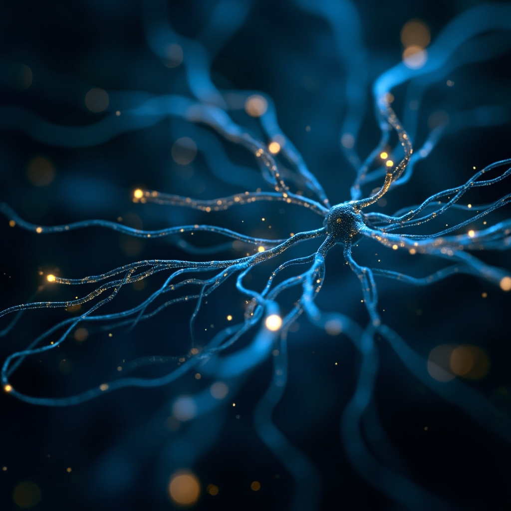 A serene, abstract visualization of glowing, interconnected light patterns reflecting a calm and balanced nervous system, soft blue and gold tones, high resolution, professional and calming aesthetic.
