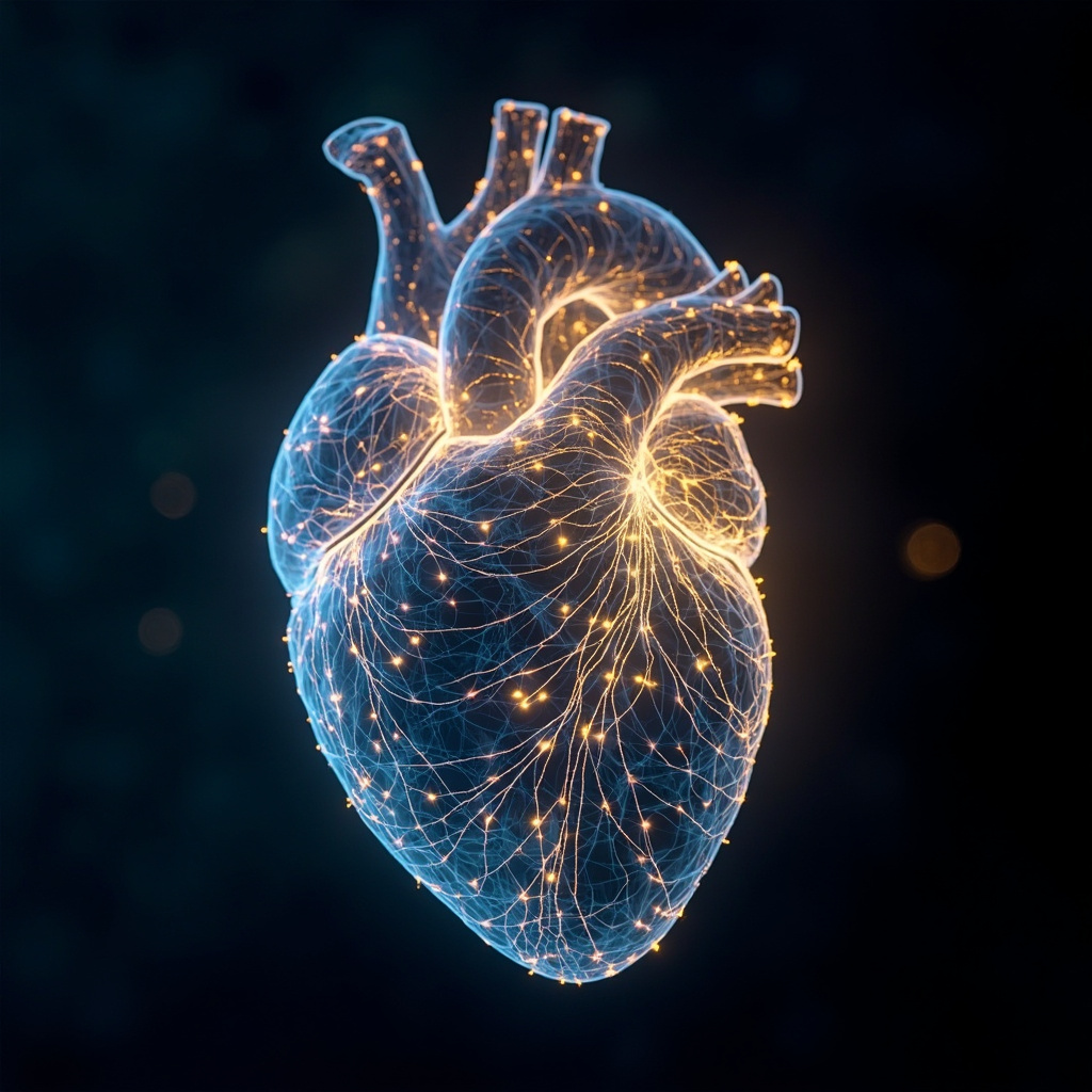 A serene, abstract visualization of a glowing, interconnected neural network in the shape of a human heart, with soft blue and gold light pulses radiating outward to represent harmony and balance.