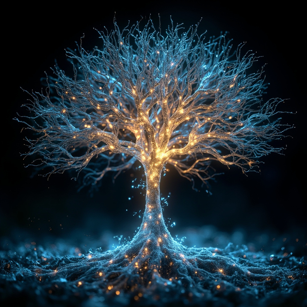 A high-quality, abstract visualization of glowing, interconnected neural pathways branching out like a tree, transitioning from deep blue to vibrant gold to represent movement and electric flow.