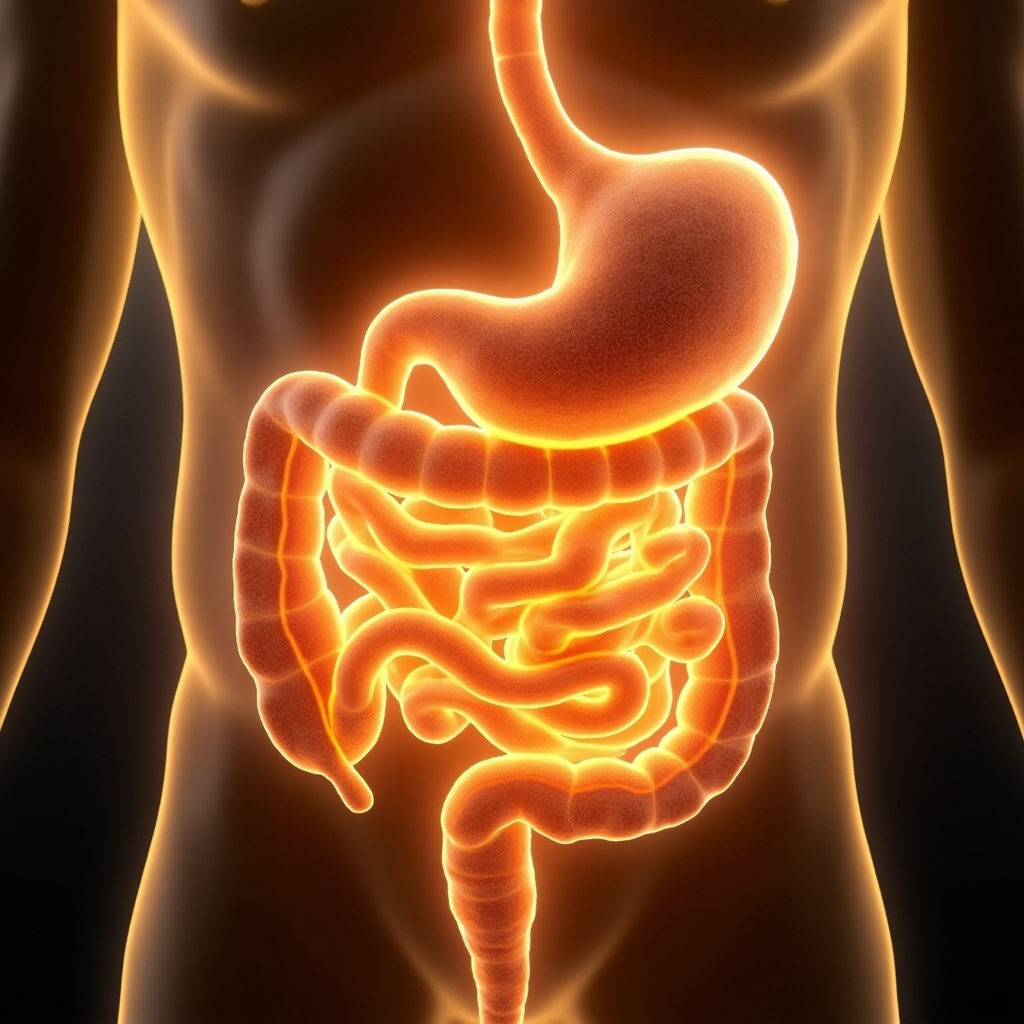 A high-quality, professional medical illustration showing a glowing, healthy digestive tract with soft, golden light representing energetic balance and harmony.