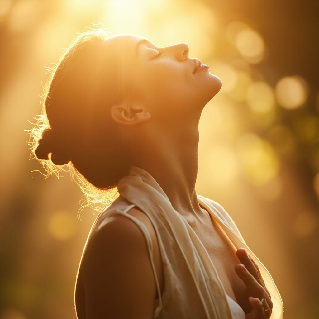 A soft-focus, professional image of a person taking a deep breath in a peaceful, sunlit environment, representing harmony and openness in the chest area.