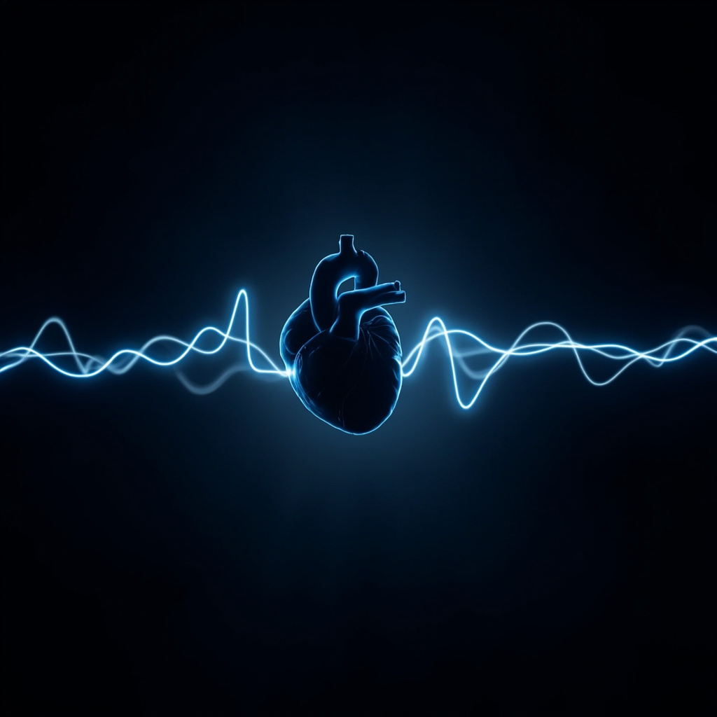 A high-quality, calm, and professional image of a human heart silhouette integrated with gentle, glowing light waves representing electrical coherence and balance.