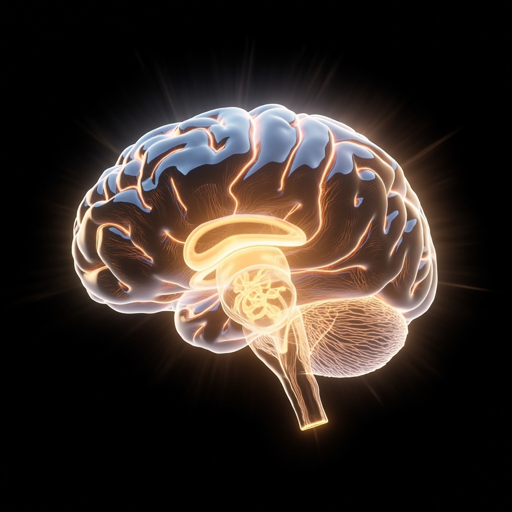 A high-quality, professional rendering of a glowing, translucent human brain with the pituitary gland area subtly illuminated in soft, golden light, symbolizing balance and harmony.