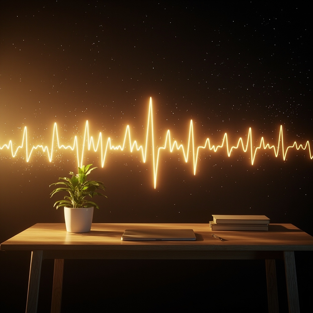 A high-quality, serene image of a calm, organized workspace transitioning into a glowing, abstract representation of a heart rhythm, symbolizing the connection between inner clarity and cardiovascular health.