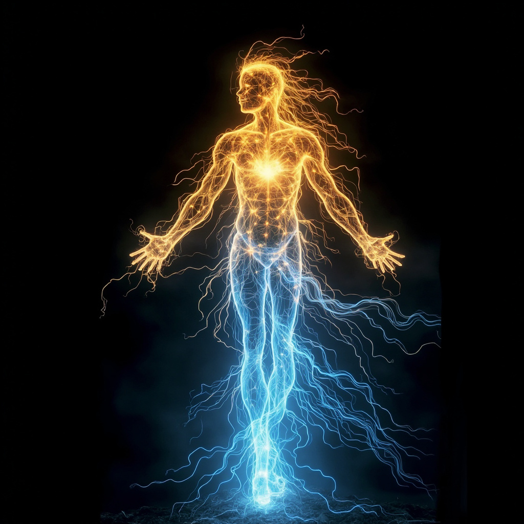 A high-quality, abstract digital art representation of glowing golden and blue light waves forming a harmonious, rhythmic pulse in the shape of a human silhouette.