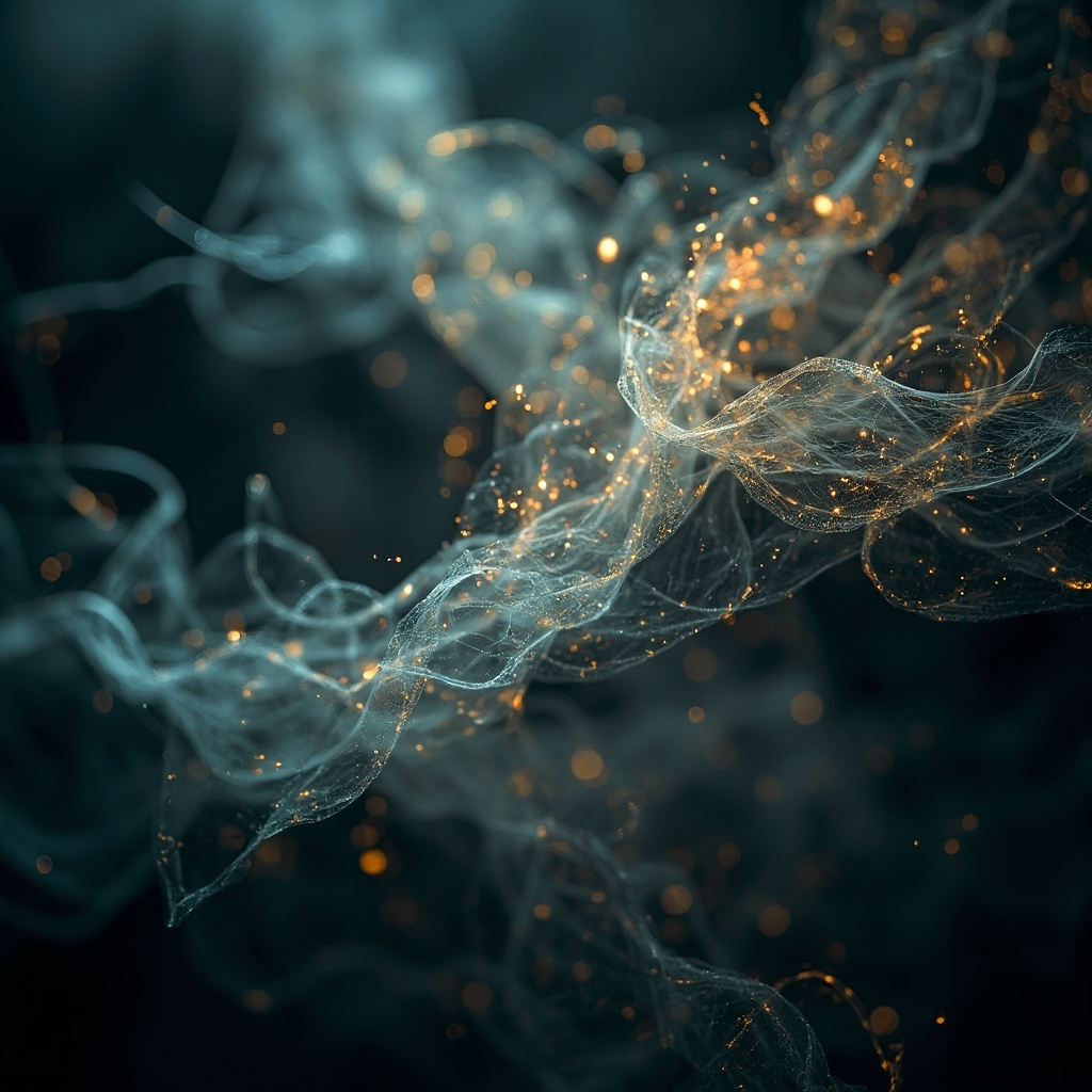 A serene, abstract representation of flowing, interconnected fibrous structures glowing with soft, harmonious light, symbolizing strength and flexible movement.