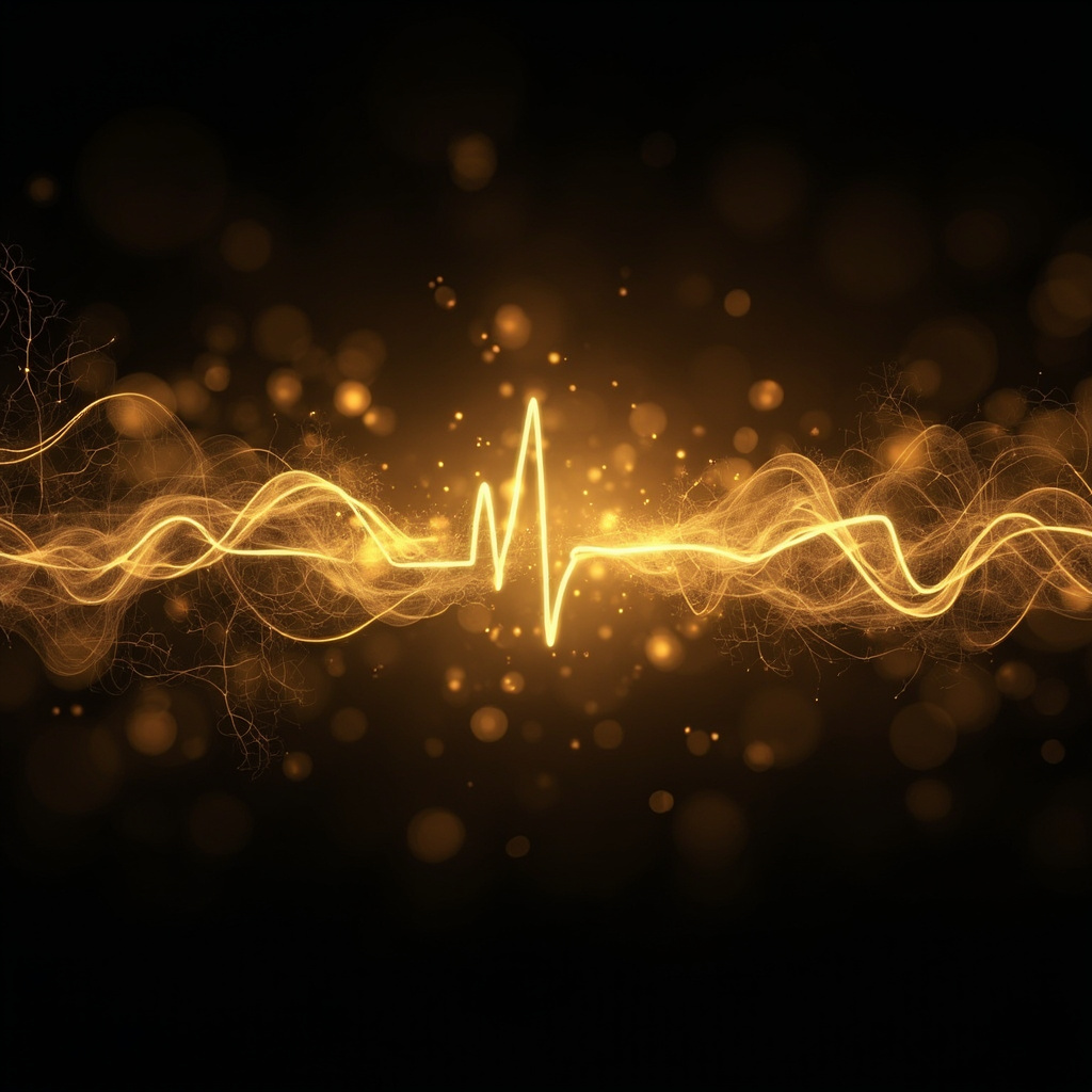 A serene, abstract representation of a balanced, glowing golden heart rhythm wave intertwined with soft, natural organic patterns, symbolizing internal harmony and resilience.
