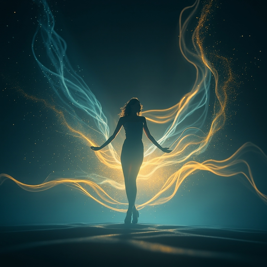 A serene, abstract representation of light frequencies gently balancing a human silhouette, soft blue and golden tones, professional and calming aesthetic.