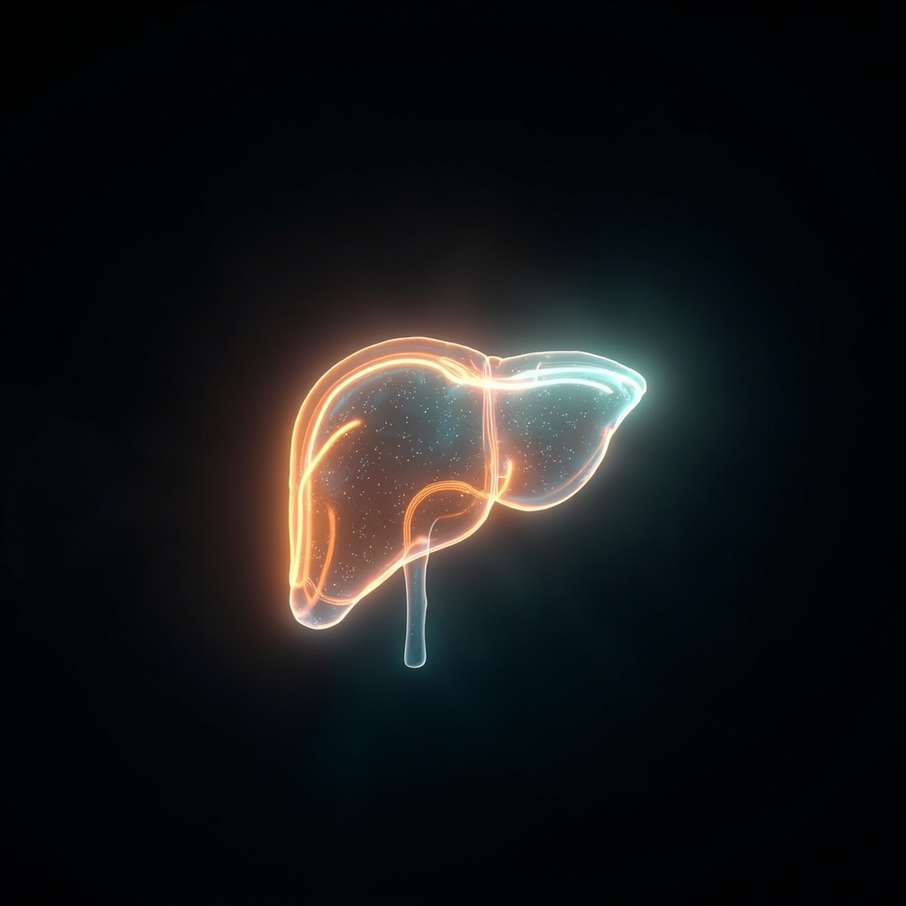 A high-quality, professional image showing a glowing, abstract representation of the human liver, with soft, harmonious light waves flowing through it, symbolizing balance and energy restoration.