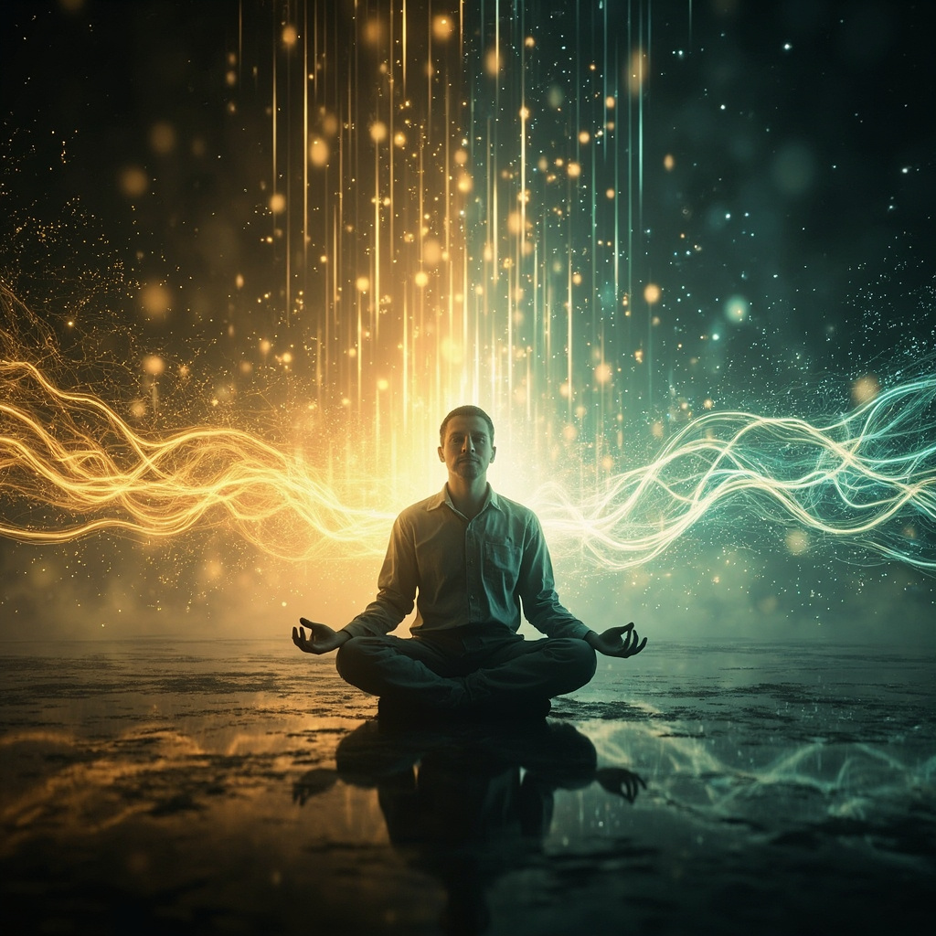 A high-quality, abstract digital art representation of a person sitting in a calm, glowing light, with gentle, flowing lines representing heart rhythm and energy pathways moving from chaos into a state of beautiful, organized coherence.