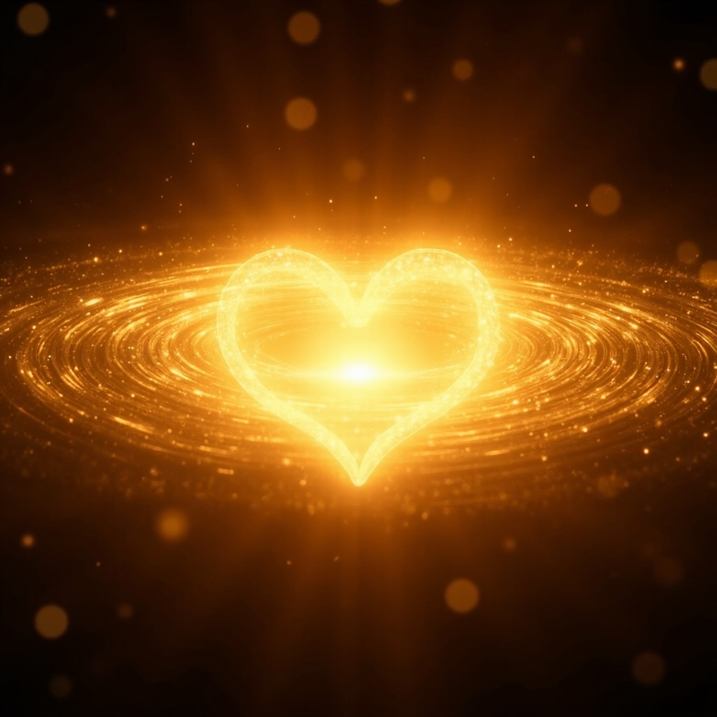 A high-quality, artistic representation of a glowing, golden-hued heart center with soft, pulsing light waves representing electrical impulses radiating outwards, serene atmosphere, professional and calming.