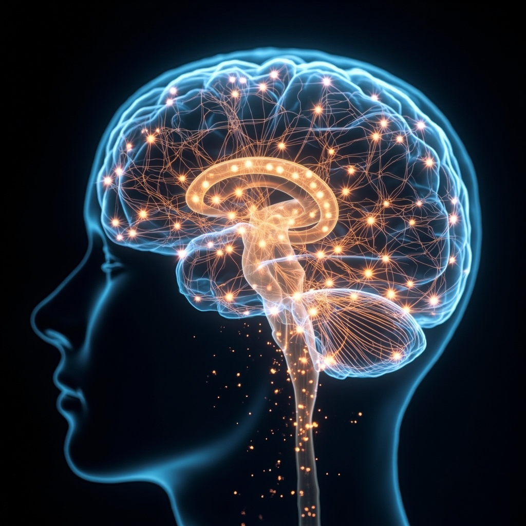 A high-resolution, artistic representation of a glowing neural network inside the human brain, with soft light particles representing cellular energy and harmony.