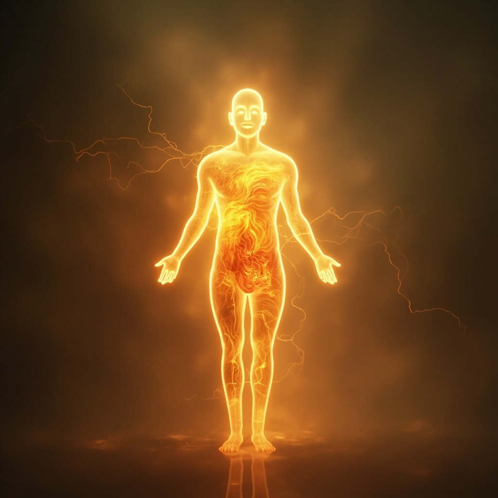 A soft, artistic representation of glowing energy centers within a human silhouette, focusing on the sacral area with warm, flowing colors like orange and gold, ethereal and calming atmosphere.