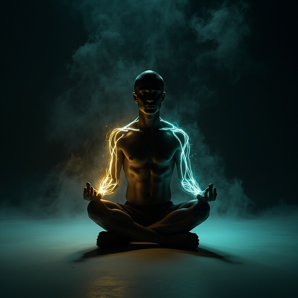 A serene, artistic representation of a human silhouette with glowing, harmonious lines of light flowing through the muscle groups, suggesting balance and release.
