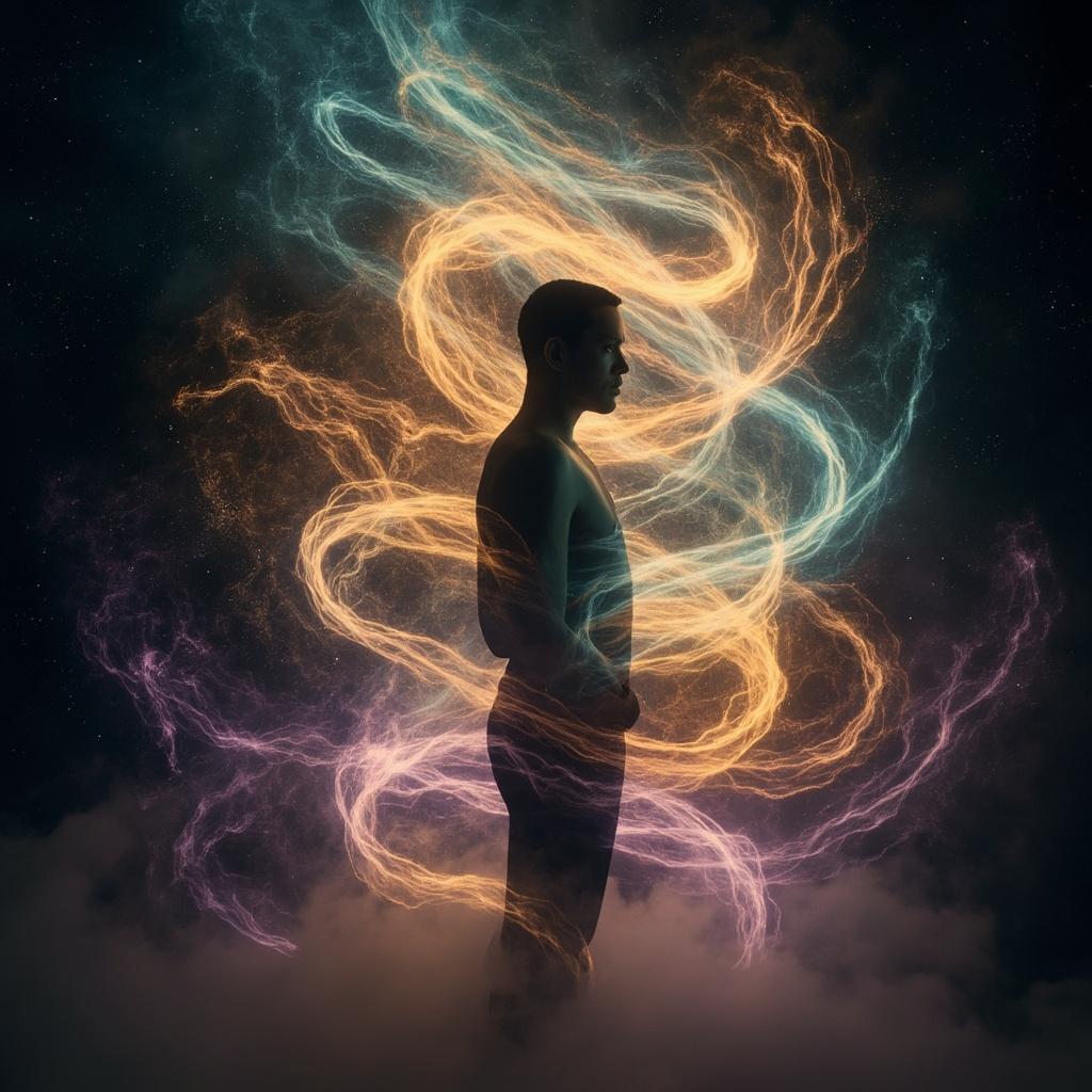 A calm, abstract representation of flowing light and energy patterns surrounding a human silhouette, symbolizing internal harmony and balance.