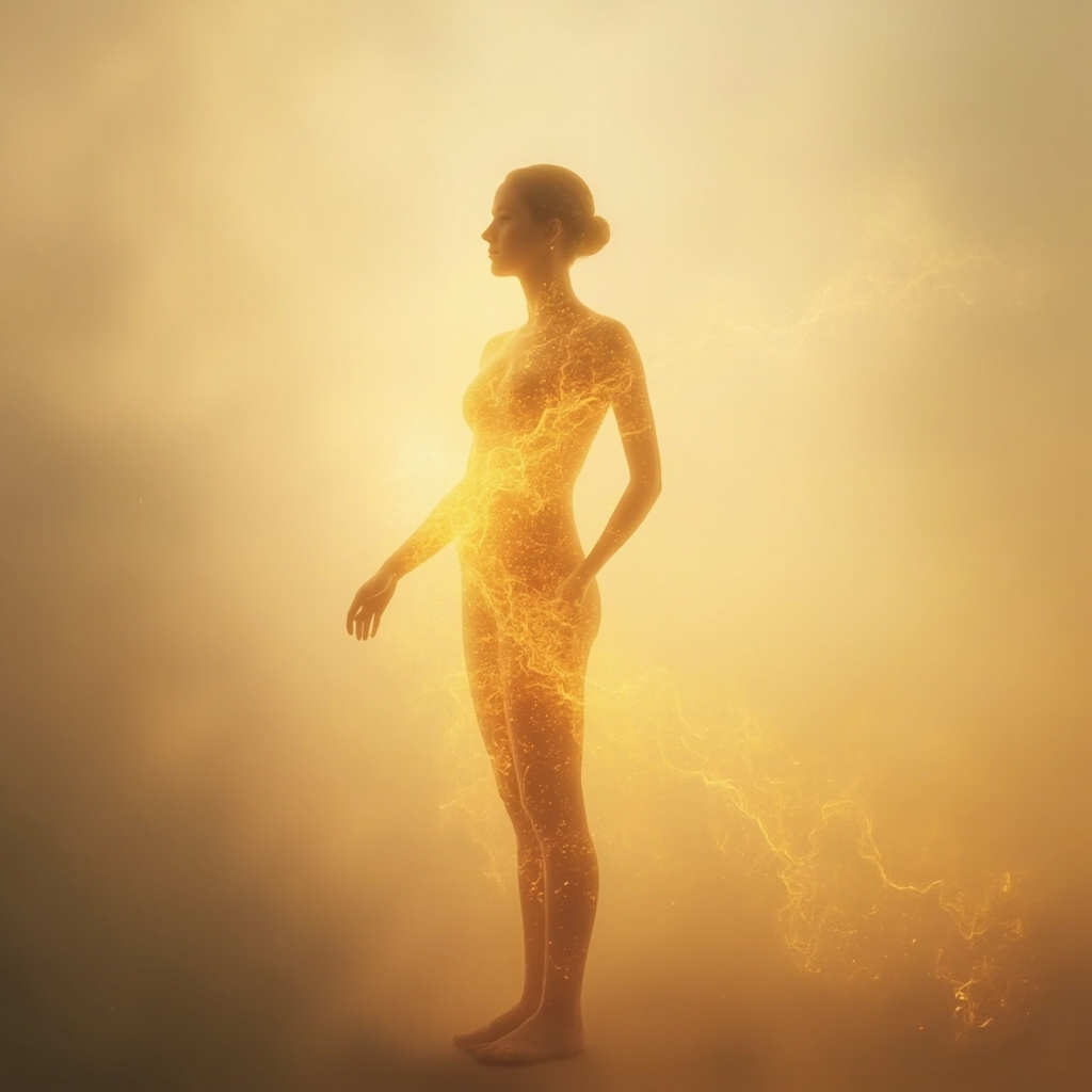 A soft, artistic representation of a human silhouette with a gentle, glowing light flowing evenly through the right side of the body, symbolizing balanced circulation and energy.