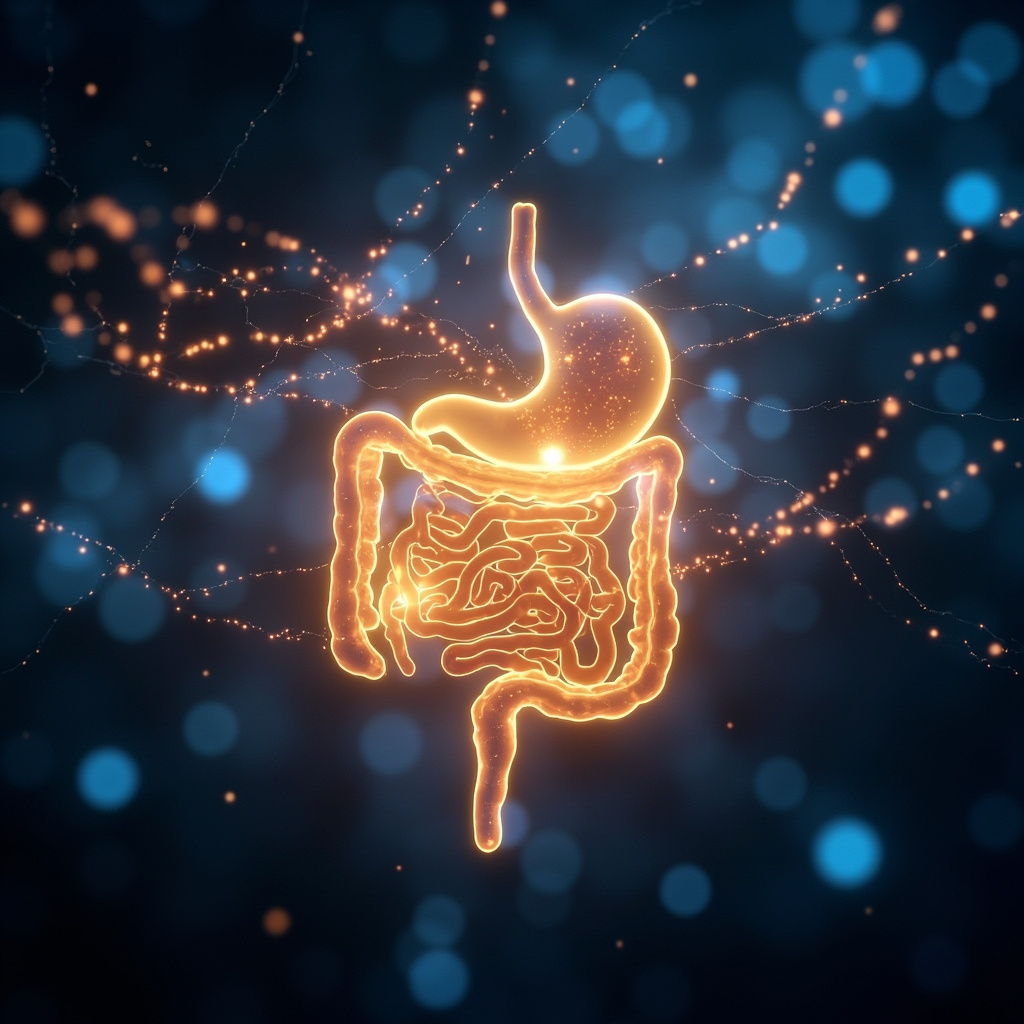 A high-quality, calming image showing a glowing, abstract representation of the human gut connected to a network of light and energy, symbolizing the gut-brain axis.