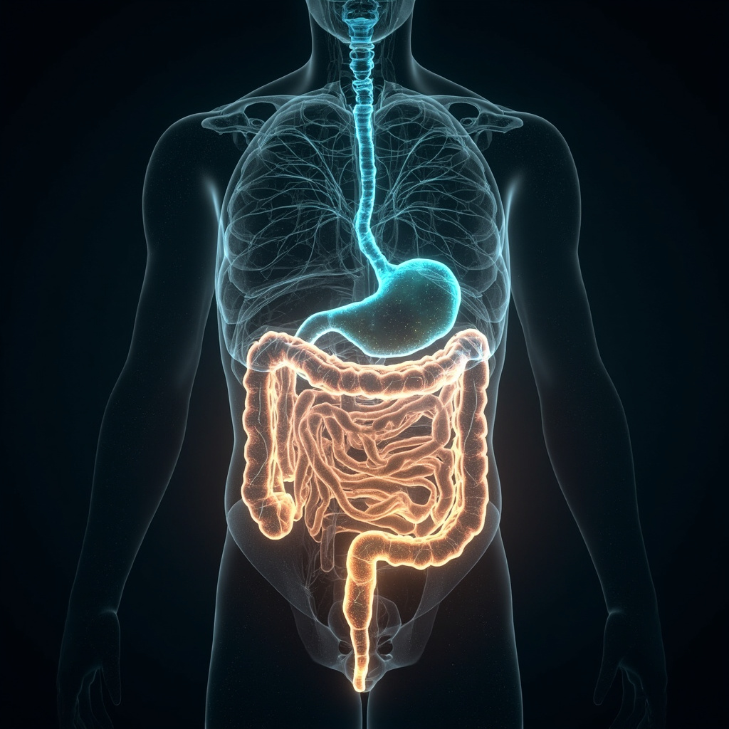 A serene, abstract representation of the human gut and nervous system connected by glowing, harmonious light waves, symbolizing internal balance and digital health.