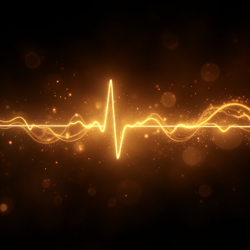 A high-quality, abstract digital representation of a glowing, golden heart rhythm wave integrated with soft, ethereal light particles, symbolizing electrical harmony and inner peace.