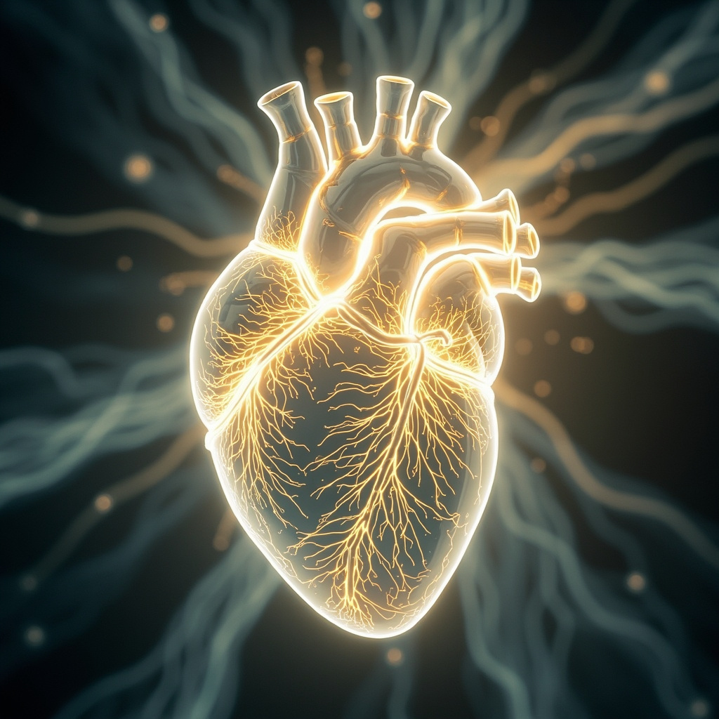 A high-quality, serene abstract representation of a glowing human heart silhouette integrated with gentle, flowing light waves and golden geometric patterns, symbolizing nervous system balance and calm.