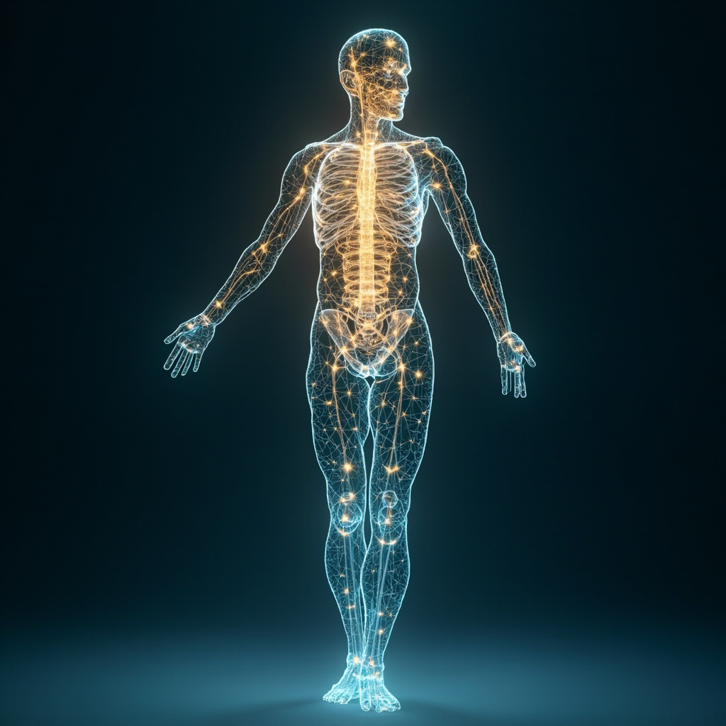 A serene, abstract representation of a glowing, structured lattice network inside a human silhouette, symbolizing inner stability and calcium mineral harmony, soft gold and blue light, high resolution.