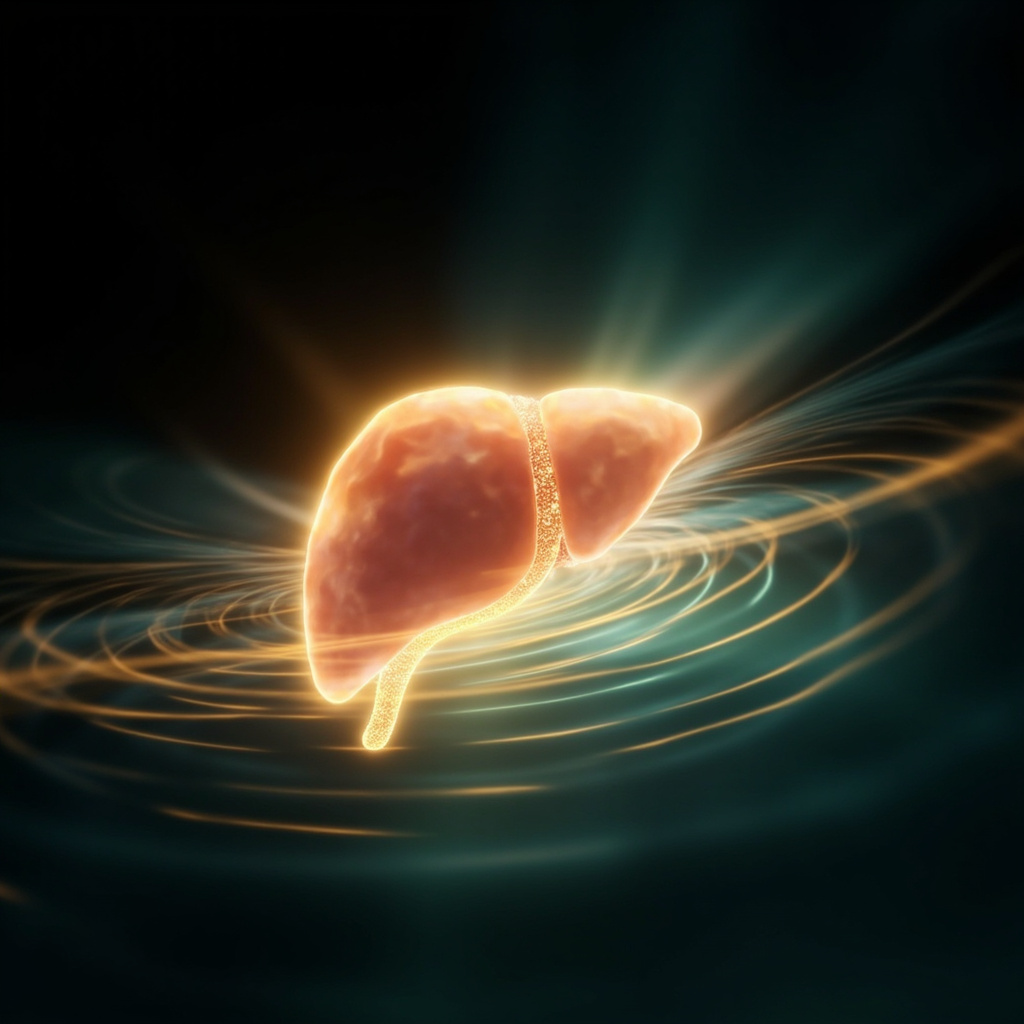 A serene, abstract artistic representation of a healthy, glowing liver surrounded by soft, harmonious light waves, symbolizing balance and renewal.