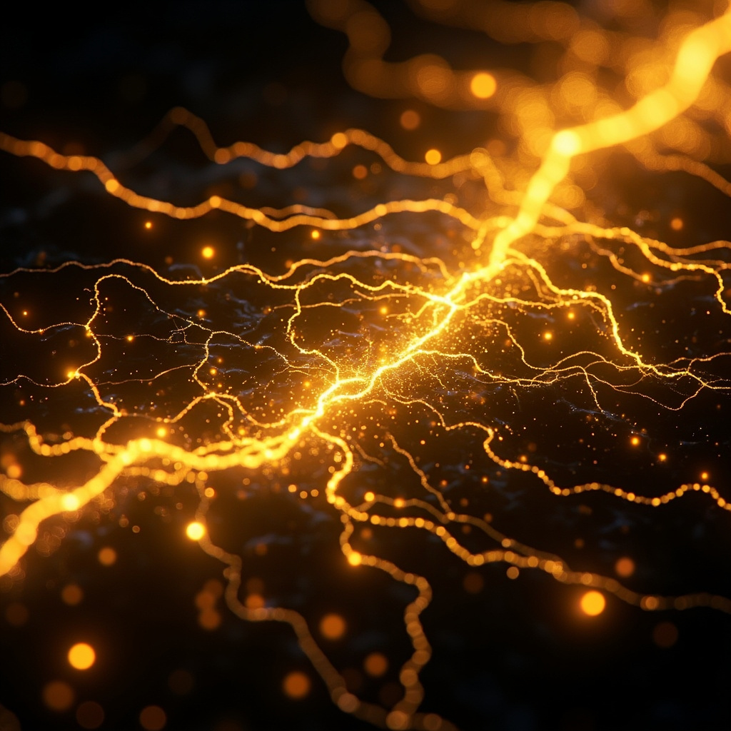 A high-quality, abstract digital representation of glowing neural pathways branching out like golden, light-filled roots, transitioning from a dark, static background into vibrant, flowing movement.